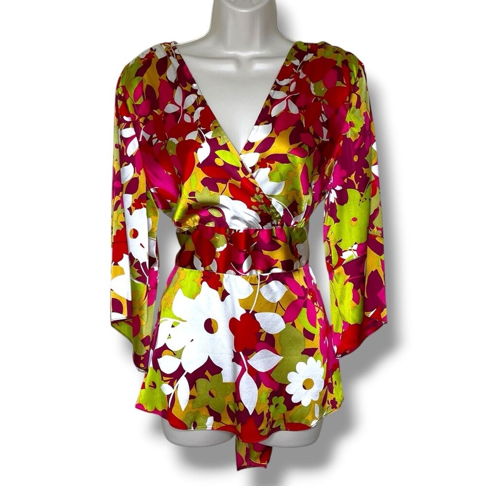 Silk Floral Surplice V Back Blouse Tie Back Kimono Sleeve Side Zip Women Size 10